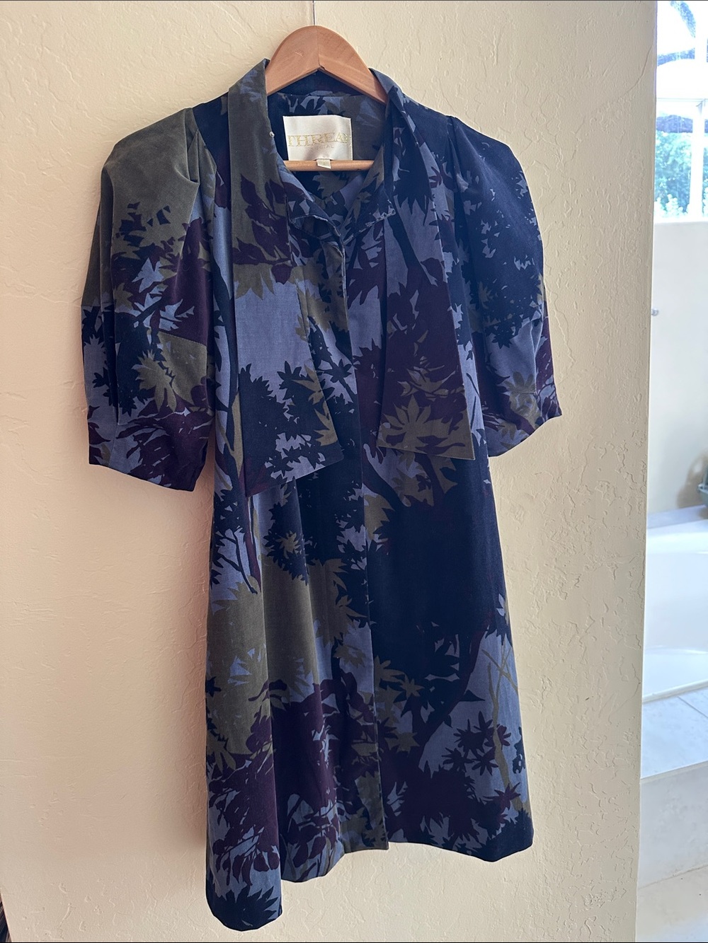 Thread Social Floral Tie-Neck Midi Dress in Navy and Olive